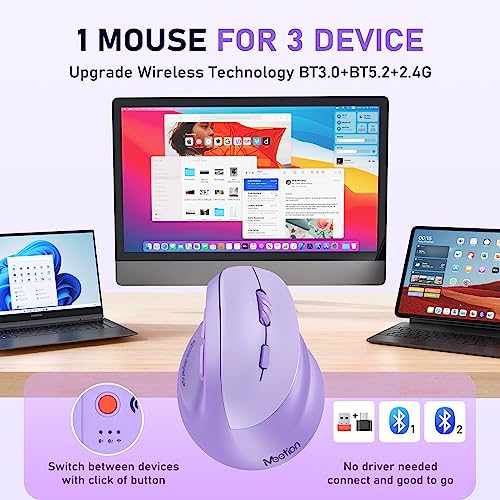Image of MEETION Ergonomic Wireless Mouse, Bluetooth Vertical Mouse with RGB, Purple | Bluetooth 5.2 /3.0 and USB-A, Comfortable vertical design, 4 adjustable DPI levels for Mac, Windows, Android, PC and tablets