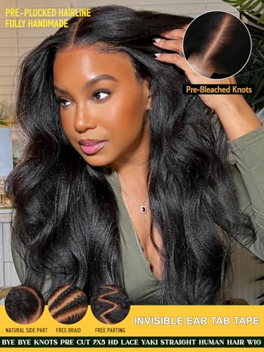 Image of Yaki Straight Bye Bye Knots Pre Cut Lace 7x5 Lace Front Glueless Wig Put On Go Light Yaki Straight Human Hair Wig Pre Bleached Invisible Knots 150% Density with Baby Hair 20Inch for Beginner