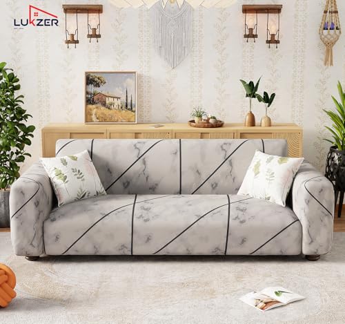 Image of Lukzer 2 Seater Grey Marble Universal Sofa Cover | 360 Fully Covered Anti-Slip Washable Couch Cover Protecter | 140 GSM Stretch Fit Polyester + Spandex Slipcover (140-180cm /SC-039-02)