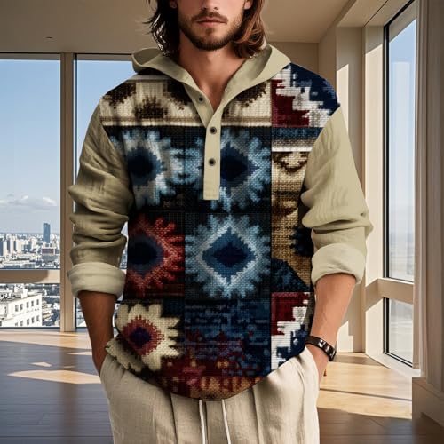 Mens Button DownHoodies Aztec Ethnic Graphic Patriotsic Shirts for Men Big and Tall Casual Loose Novelty Pullover Tops Long Sleeve Gradient Sweatshirts Hooded Clothing,Aztec Beige,S2