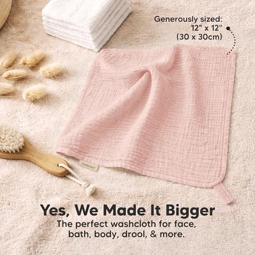 Image of 5-Pack Muslin Baby Washcloths for Newborn - 12x12 inch Soft Absorbent Organic Cotton Muslin Wash Cloths for Babies Girl, Boy, Infant, Toddlers, Kids Face Towel, Bath Essentials, Baby Burp Rags (Cameo)