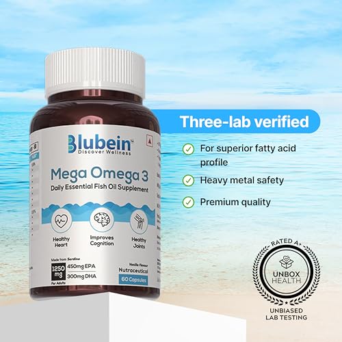 Image of Blubein Mega Omega 3 Fish Oil Capsules For Men & Women,Triple Strength With 1250 Mg (450 Mg Epa & 300 Mg Dha) For Muscle Recovery,Healthy Heart,Joints & Brain - 60 Capsules X Pack Of 2,2 Count