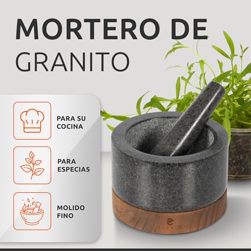 Miniatura 2 de Ecence Mortero Cocina En Madera De Acacia Y Granito - Mortero Y Maja Sólido Para Especias Para Un Machacado Perfecto - Mortero Piedra Grande Ø11cm