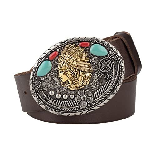 Belts for Men,Genuine Leather Denim Belt Alloy Indian Decorative Buckle Head Birthday Party Wear