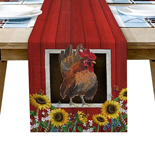 T&H Xhome Dining Table Runner Dresser Scarf Linen Burlap Fabric,Farm Red Barn Chicken With Sunflower Washable Table Runners 70 Inches Long For Farmhouse Home Kitchen Wedding Party Decor #TOP29