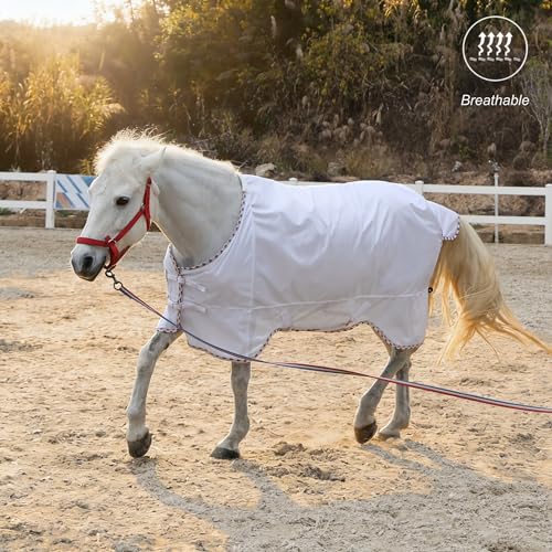Image of BARN & STABLE Breathable and UV Protective Tear-Resistant Mesh Horse Fly Sheet Comfy Equine Summer Sheet with Removable Web Leg Straps (White - Curvy Fit, 72 in)
