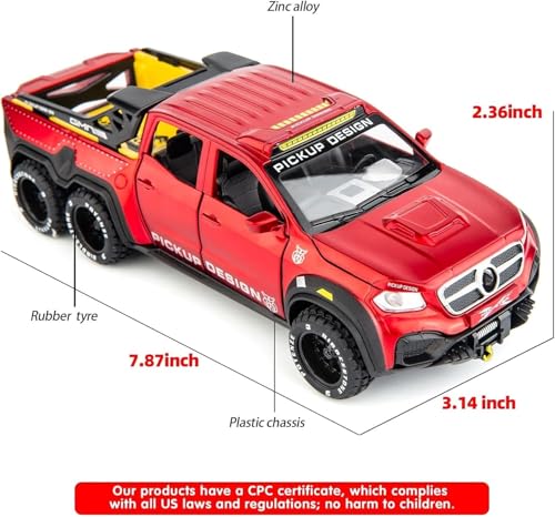 Image of 1:28 Pickup X-Class Model Car Diecast Zinc Alloy Pull Back Toy with Sound & Light Realistic Design Durable Kids Toy for Boys & Girls Collectible Gift 3+ Years (Red)