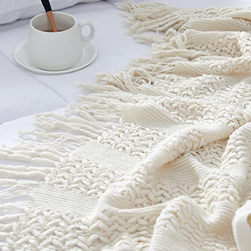 Jinchan Knit Throw Blanket Ivory Soft Couch Throw Blanket With Tassels Spring Bed Throw Blanket Indoor Outdoor Travel Warm Coverlet For Sofa Comforter Living Room Decor Nursery Gift 50 X 60 Inch #TOP3