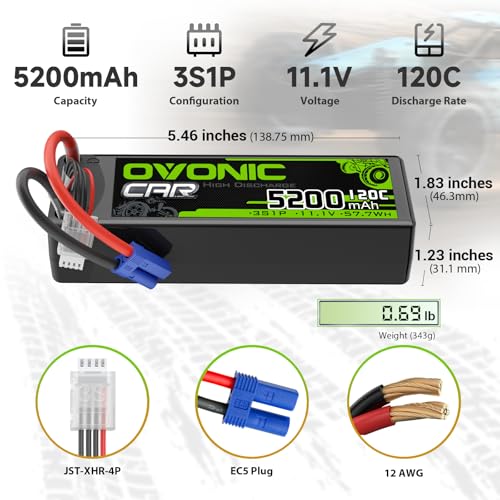 Image of OVONIC 3S LiPo Battery 11.1V 5200mAh 120C with EC5 Plug for RC Car RC Truck Airplane Helicopter Boat Car Racing RC Hobby (2 Packs)(with Lipo Voltage Checker)