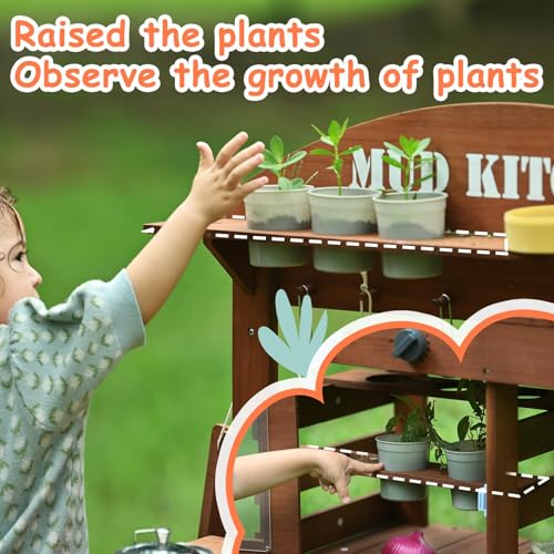 Image of Mud Kitchen for Kids Outdoor 31.5in, Wooden Play Kitchen with Accessories for Kids Play Kitchen Set with Sink, Faucet, Plants Observation Room for Backyard Garden