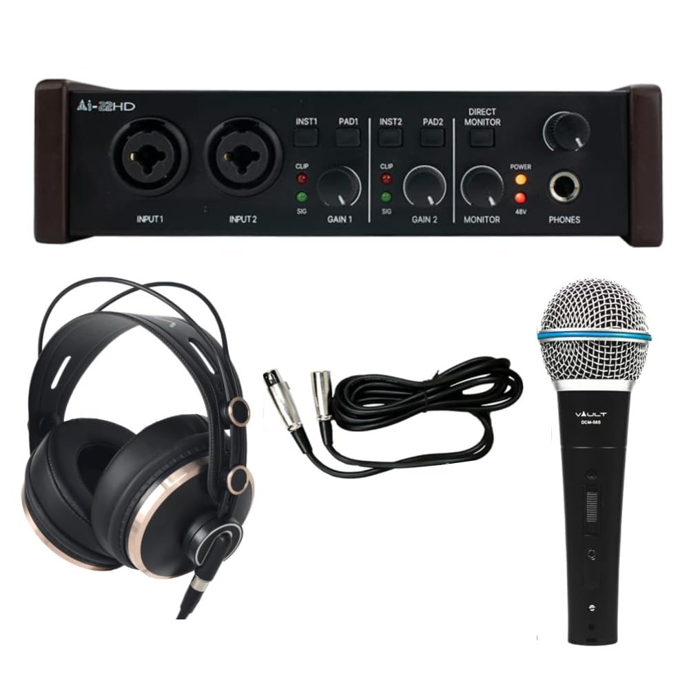 Vault Ai-22HD 2x2 USB Audio Interface with Sonic M50 Studio Monitoring Headphones & DCM 58S Dynamic Cardioid Microphone