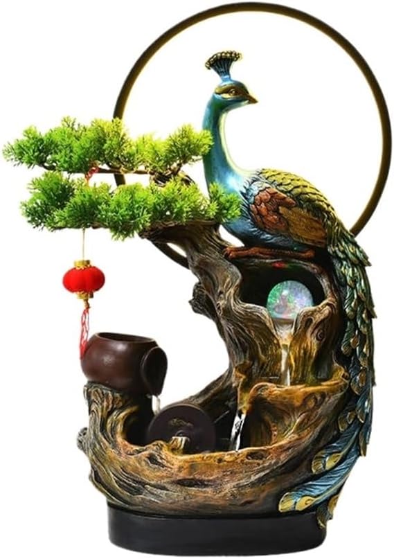 Table Top Water Fountain Indoor, Peacock Water Fountain Feng Shui Wheel Home Decoration for Living Room Home Decor
