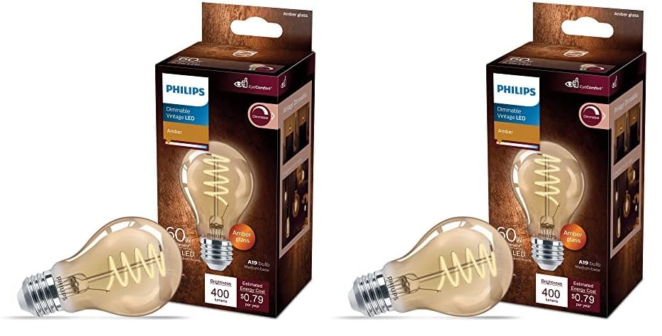 LED Vintage Flicker-Free Amber Spiral A19, Dimmable, Eyecomfort Technology, 400 Lumen, Amber Light(2000K), 6.5W:60W, Title 20 Certified, E26 Base, 2-Pack (565796)