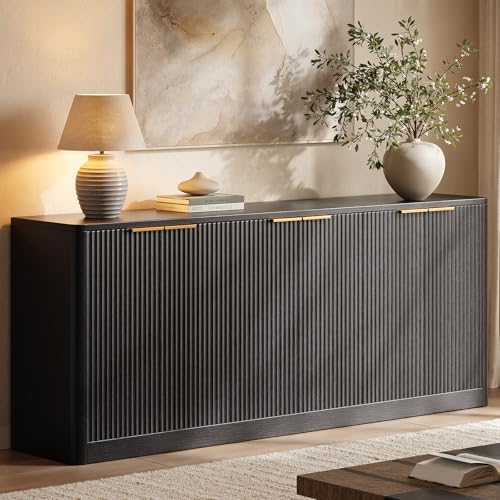 Image of Evermagin 67" Fluted Black Buffet Cabinet Sideboard with Storage, Large Credenza with 6 Doors, Wood Mid Century Modern Sideboard for Kitchen and Living Room (67"*31.5"*15.7")