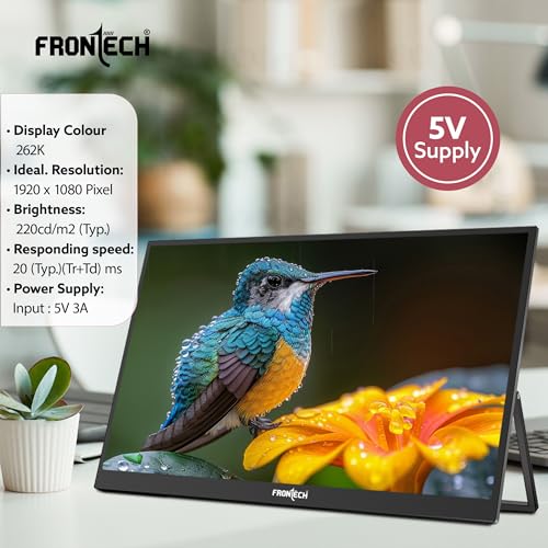 Image of FRONTECH 15.6 inch Portable LED Monitor, Full HD IPS, Dual Type-C & Mini HDMI, Built-in Speakers, 180 Stand, Works with Laptop /PS5 /Switch /Phone, 1-Year Warranty (MON-0023)