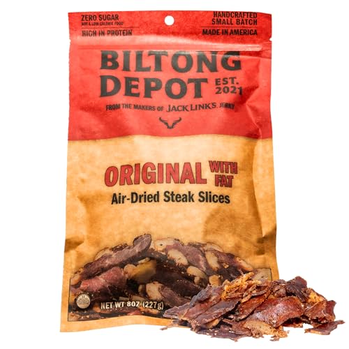 Biltong Depot Original Beef Biltong Slices with Fat – 8oz | Air-Dried Beef Jerky Snack | High Protein | Zero Sugar | Keto & Paleo Friendly | Gluten Free | No Artificial Preservatives | No MSG