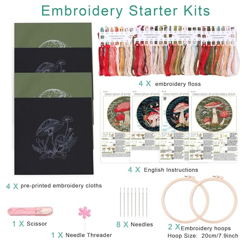Image of Harimau Adult Beginner Embroidery Starter Kit, Complete Set with 4 Patterns, 2 Hoops, Needles, Scissors, Instruction Guide & Stitching Video Tutorials