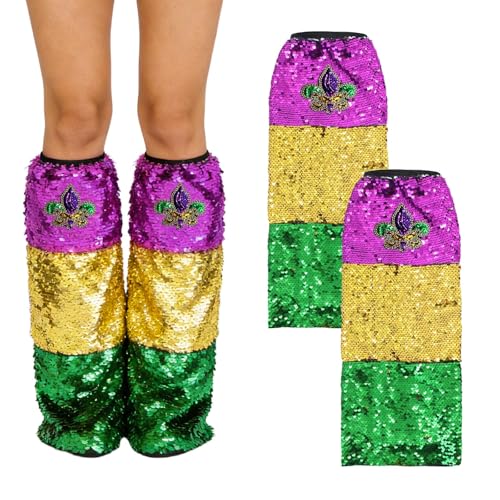 Image of Bllavie Mardi Gras Boot Covers Mardi Gras Leg Warmers - Sequin Fleur de Lis Festival Boot Socks, Purple Gold Green Carnival Party Costume Accessories for Women-One Pair-One Pair