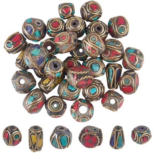 SOFPLATE 50 pièce de Perles D'Espacement Tibétaines Rondes Style Vintage en Métal Corail Synthétique et Turquoise Breloques Bouddha Perles D'Espacement Libres pour...