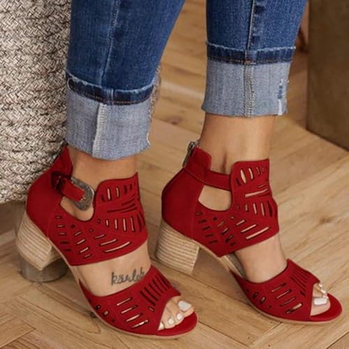 Women Sandal Heels,Women's Fashion Hollow Out Peep Toe Thick High Heel Shoes Solid Buckle Casual Dressy Sandals2