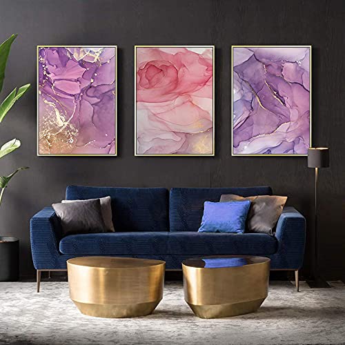 Peinture sur toile abstraite moderne or et encre 50x70 cm triptyque salon