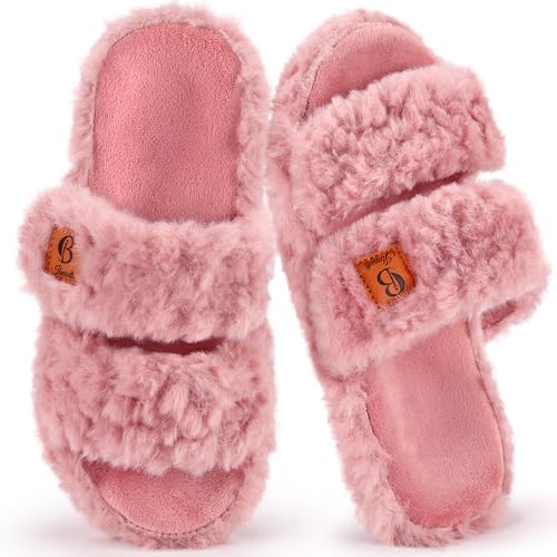 Ibeauti Womens Fuzzy Slippers Memory Foam Adjustable Open Toe Slide Comfy House Shoes for Indoor Bedroom