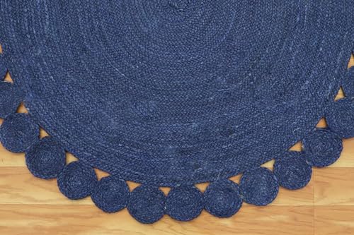Tapis ovale en jute bleu à tissage plat résistant