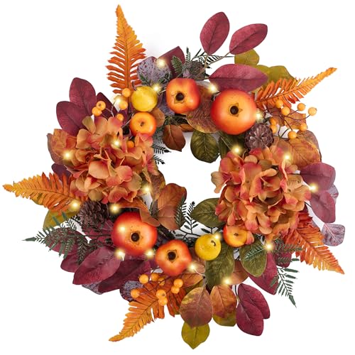 DecorbyHannah Fall Wreath for Front Door, 18 Inch Lighted Autumn Harvest Thanksgiving Door Wreaths Decor with Lights, Pinecone Pomegranate Boxwood Berry for Mantle Porch Wall Home Indoor Outdoor