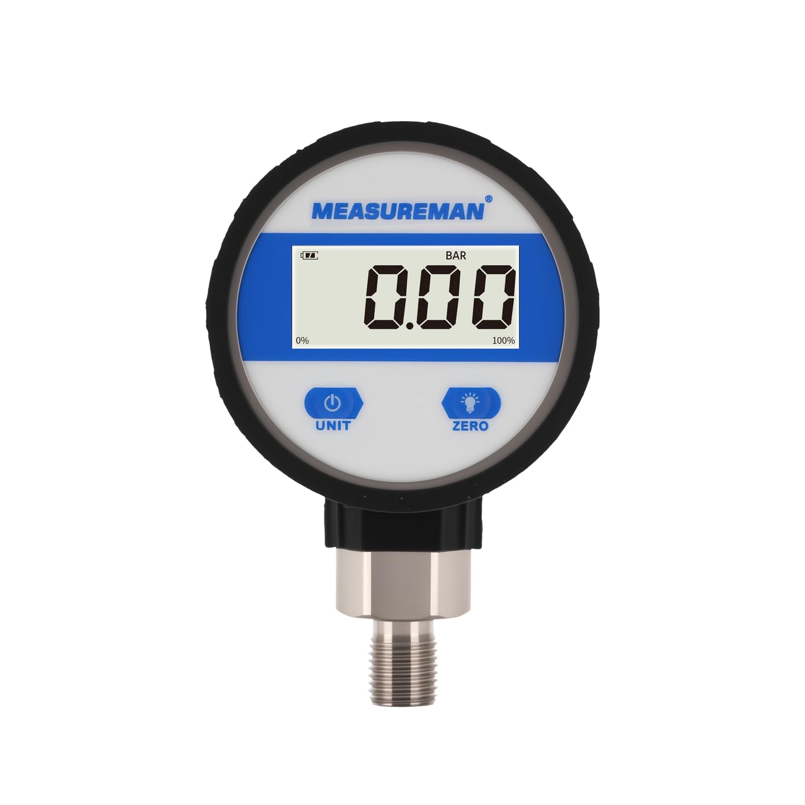 Medidor de presión industrial hidráulico digital con montaje inferior BSP de 1/4 pulgadas, esfera de 2.4 pulgadas, caja y conexión de acero inoxidable 304, 0-10 bar, 1%, funciona con pilas, con luz
