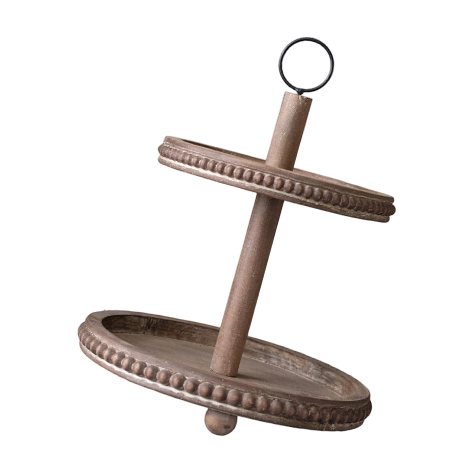 Tabletop Display Stand with Two Round Trays and Wooden Bead Trim, Farmhouse Organizer for Jewelry and Decor Accents Stacked Tray Stand Round Display Tray Tabletop Organizer Vanity Entryway Dresser Top