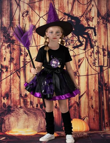 Happy Cherry Toddler Girls Witch Tutu Skirt Set with Hat & Broomstick 3 Pcs Dress Up Halloween Outfits 3-8Y2