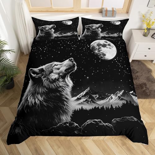 meiyoeat Wolf Bedding Set Toddle Size Mooon Comforter Cover Set for Boys Girls Teens Universe Cloud Galaxy Duvet Cover Star Print Bedspread Cover Room Decor Animal Quilt Cover,No Comforter