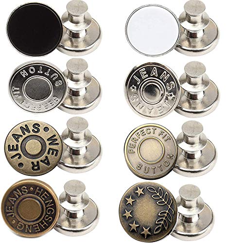 8PC Instant Button, Button Pins for Jeans Replacement Jean Buttons, Metal Button Removable Button, Waist Buckle Extender Set, Jeans Button Studs for Jackets Jeans Pants ï¼ˆ8 Styles)