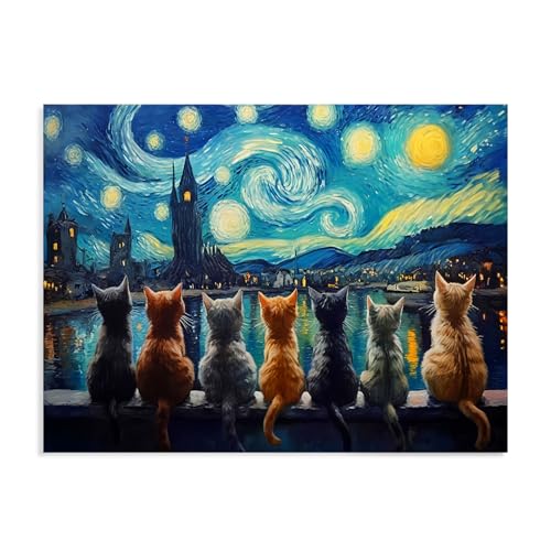 Dazzlewall Arte de Pared Noche Estrellada con Gatos, Láminas de Pintura Óleo de Gato Vintage Artístico para Dormitorio Sala 30×40 cm Sin Marco