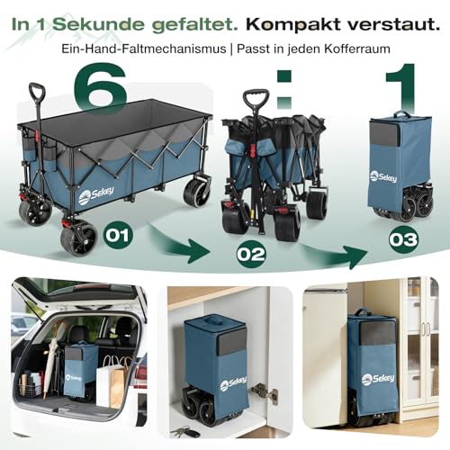Sekey XXXL Bollerwagen Faltbar 300L 200KG Belastbar, verlängerter Faltbollerwagen mit Extra Breite 17x10 cm All-Terrain-Räder Handwagen, Patentiert 4-Wege-Sofortaufbau Transportwagen, Blau mit Grau