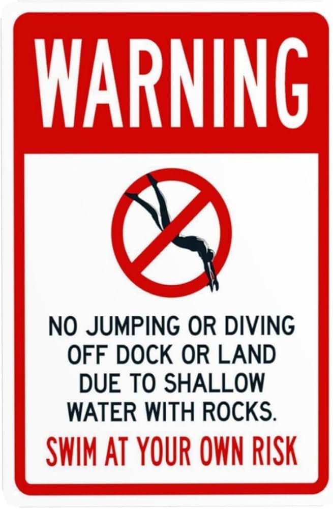 Shallow Water No Jumping Or Diving Off Dock Or Land Warning Sign Marina Security Metal Signs For Outdoor Indoor Road Yard Garage Home Business Street Wall Safety Caution Decor 8x12 Inch