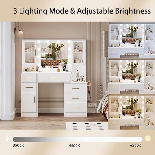 Image of Makeup Vanity Desk with Mirror and Lights, Makeup Vanity Table with Lighted Mirror, Nightstand Dressing Table with Mirror and Lights, 51 inch Big Vanity with 6 Drawers & Lots Storage Space for All Girls