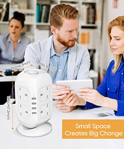 【5M】VANPOO Tower Extension Lead with USB 5M, Vertical Desktop Power Strip Tower with 8 Outlets and 4 USB Ports, Switched Charge Station and surge protected extension lead with 5M Cable for Home Office - Afbeelding 3