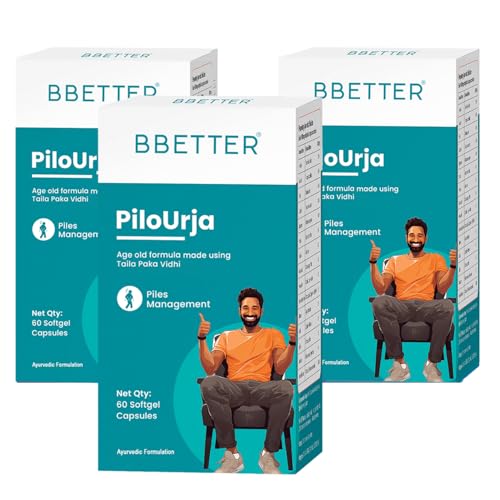Image of BBETTER PiloUrja - Lab Tested Ayurvedic Medicine for Relief from Piles Pain, Itching & Burning | Made by Taila Paka Vidhi Method | 180 Softgels