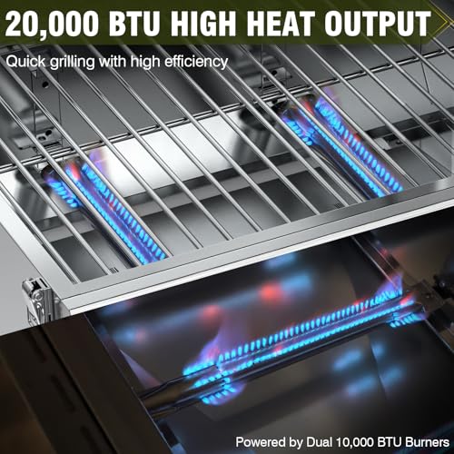 Image of BESTFIRE 2-in-1 Portable Propane Grill, 20,000 BTU 2-Burner Tabletop Gas Grill for Camping & RV, Stainless Steel BBQ with Viewing Glass Lid, Thermometer & Dual-Gas Connection