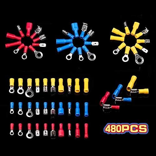 480pcs Female Male Spade Crimp Terminals Insulated Electrical Wire Connectors Ring Piggyback Cold-Pressure Assorted Kits