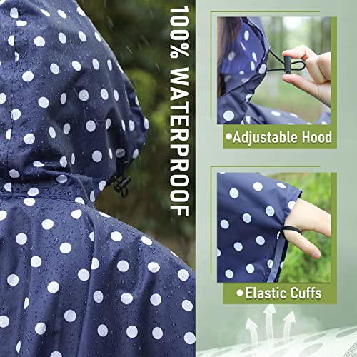 Saphirose Rain Poncho Jacket Coat Hooded For Adults With Pockets (Point-Blue) One Size #TOP2
