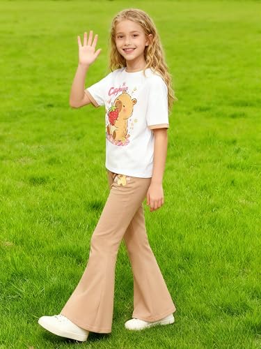 Image of Ayzozuy Tween Girls 2 Piece Outfits Short Sleeve Cartoon Graphic T-Shirt & Flared Pants Kids Clothing Set Size 8-13 Years