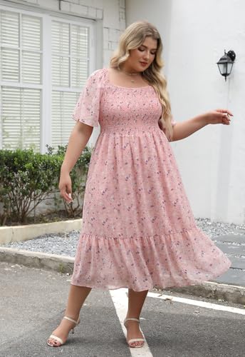 Image of Keluummi Plus Size Wedding Guest Maxi Dresses for Curvy Women, Summer Casual Boho Floral Smocked Empire Waist A Line Sundress