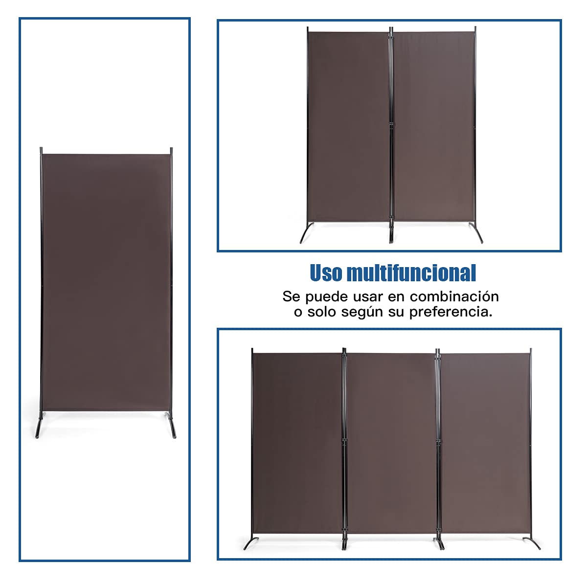 COSTWAY Biombo de 3 Piezas Separador con Almohadilla de Pie Ajustable Pantalla de Privacidad para Casa Oficina Dormitorio (marrón)