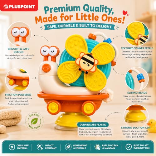 Image of PLUSPOINT Snail-Shaped Friction Powered Spinner Toy for Babies & Toddlers | Colorful Suction Cup Spinner for Window & Bath | Sensory Montessori Activity Toy for Fine Motor Skills