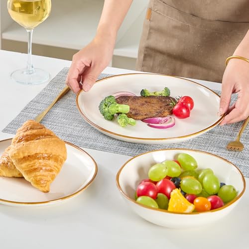 Image of Bestone 12 Pieces Round Kitchen Dinnerware Sets,Plates and Bowls Sets,Dishes, Plates, Bowls, Dish Set, Chip Resistant Ceramic Dinnerware Set, Dishwasher /Microwave Safe,Service for 4,Pearl White