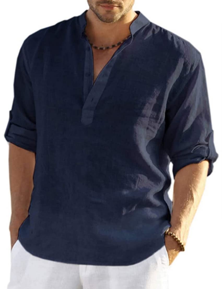 PADOLA Hombre Camisas Lino T-Shirt Suelta Manga Larga Casual Top Color Sólido Camisa de Verano Regular Fit Respirable Henley Camisas Casual