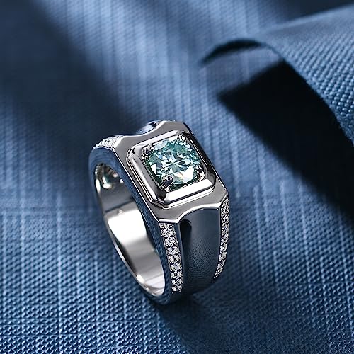 Gem's Beauty Green Moissanite Men's Rings 1.0ct 6.5mm D Color Green Moissanite Engagement Ring imitation Diamond Rings 925 Sterling Silver Wedding Ring for Men(Size 8-124