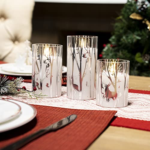 Yongmao Christmas Glass Flickering Flameless Candles, Elk Tree Snowflake Candle Battery Operated With Remote Timer Set Of 3 Real Wax Pillar Candles For Christmas Home Decoration(D 3” X H 4” 5” 6”) #TOP2